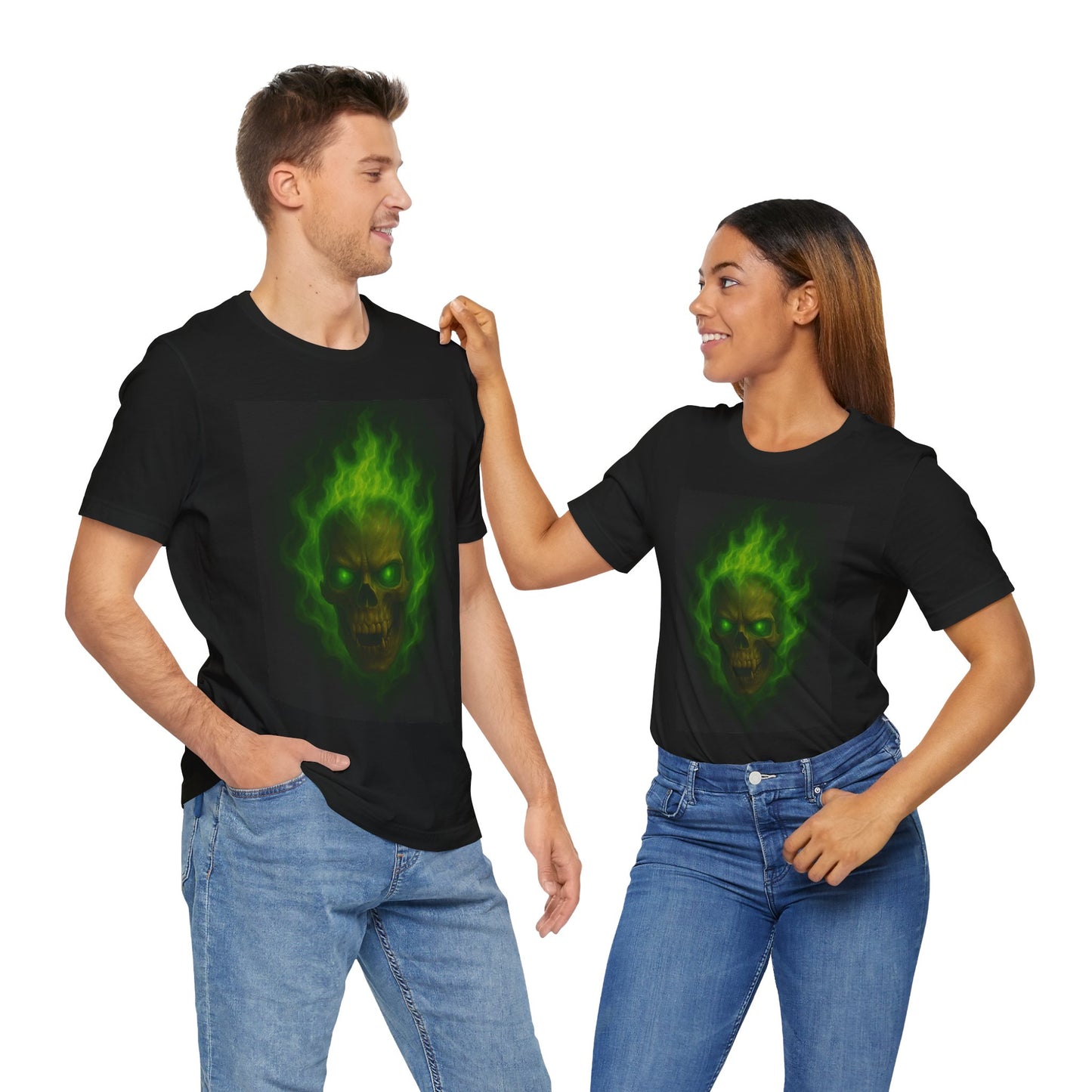 Vampire Skull T-Shirt with Green Flame Art | Gothic Horror Skull Tee | Occult Fire Glow Shirt