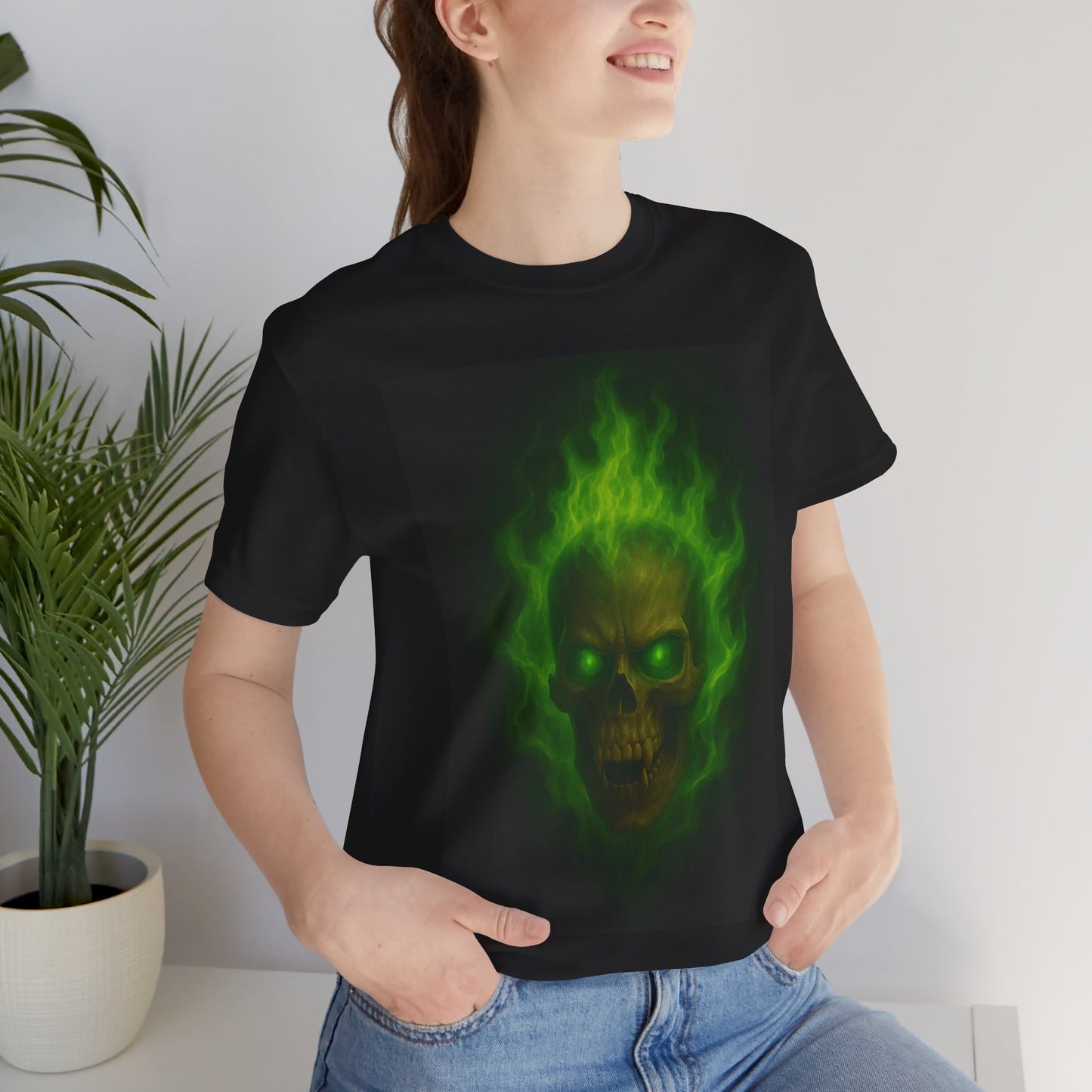 Vampire Skull T-Shirt with Green Flame Art | Gothic Horror Skull Tee | Occult Fire Glow Shirt
