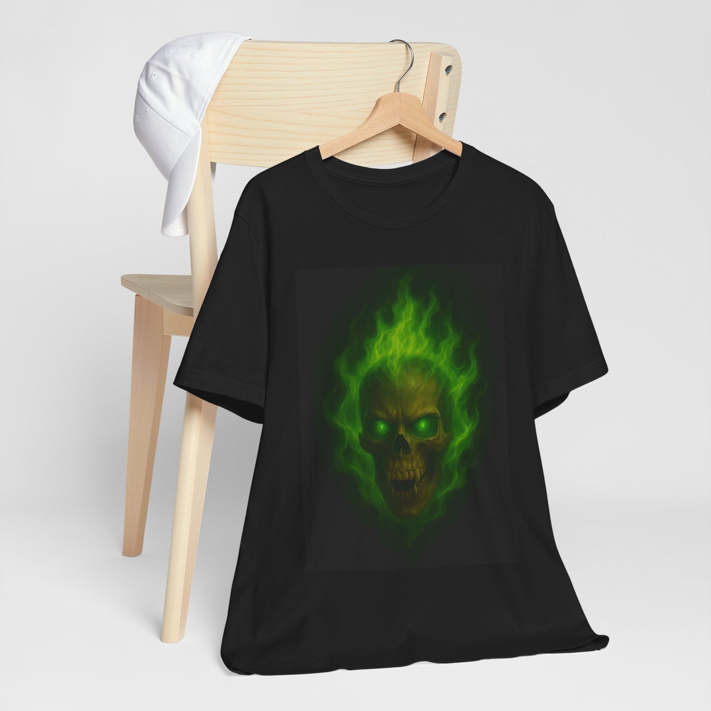 Vampire Skull T-Shirt with Green Flame Art | Gothic Horror Skull Tee | Occult Fire Glow Shirt