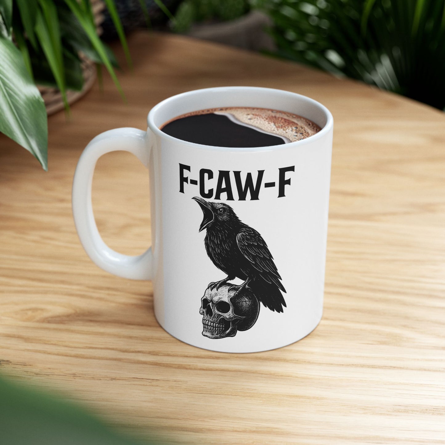 Raven on Skull Coffee Mug Gothic Crow Cup with Dark Humor F Caw F Design