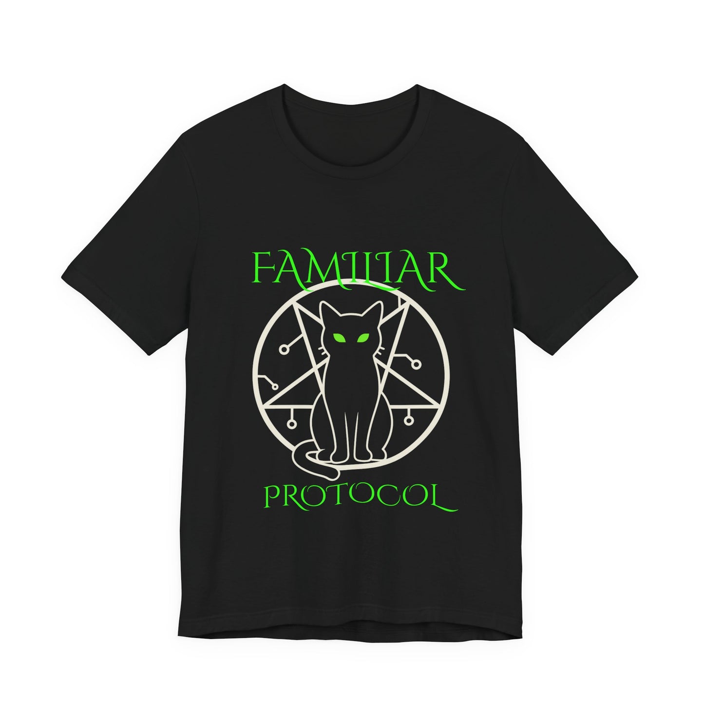 Familiar Protocol Cat Shirt | Glitchy Circuit Summoning Circle Tee | Gothic Occult Neon Green