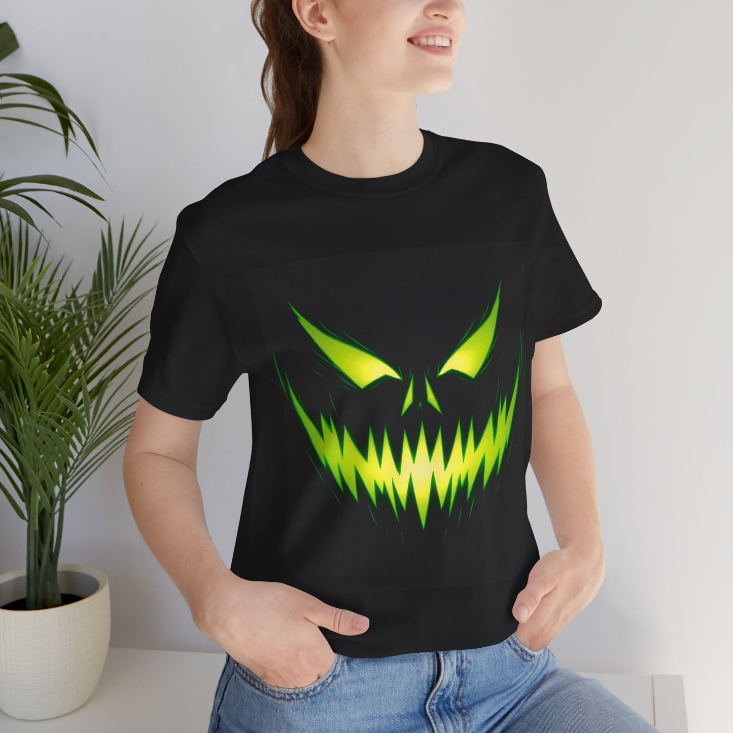 Sinister Neon Green Jack-O-Lantern Face T-Shirt | Halloween Horror Pumpkin Glow Shirt | Spooky Graphic Tee