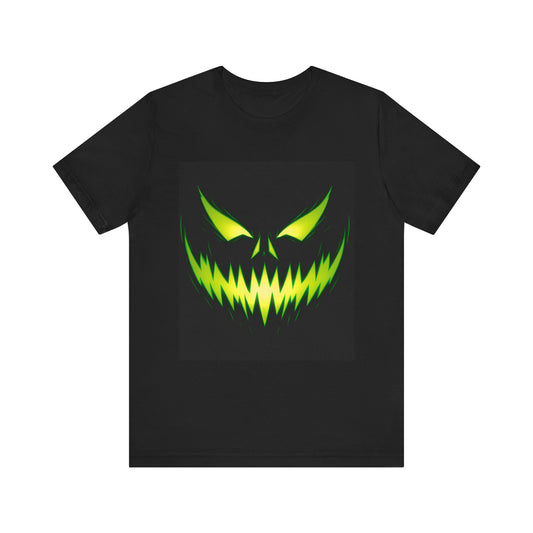 Sinister Neon Green Jack-O-Lantern Face T-Shirt | Halloween Horror Pumpkin Glow Shirt | Spooky Graphic Tee