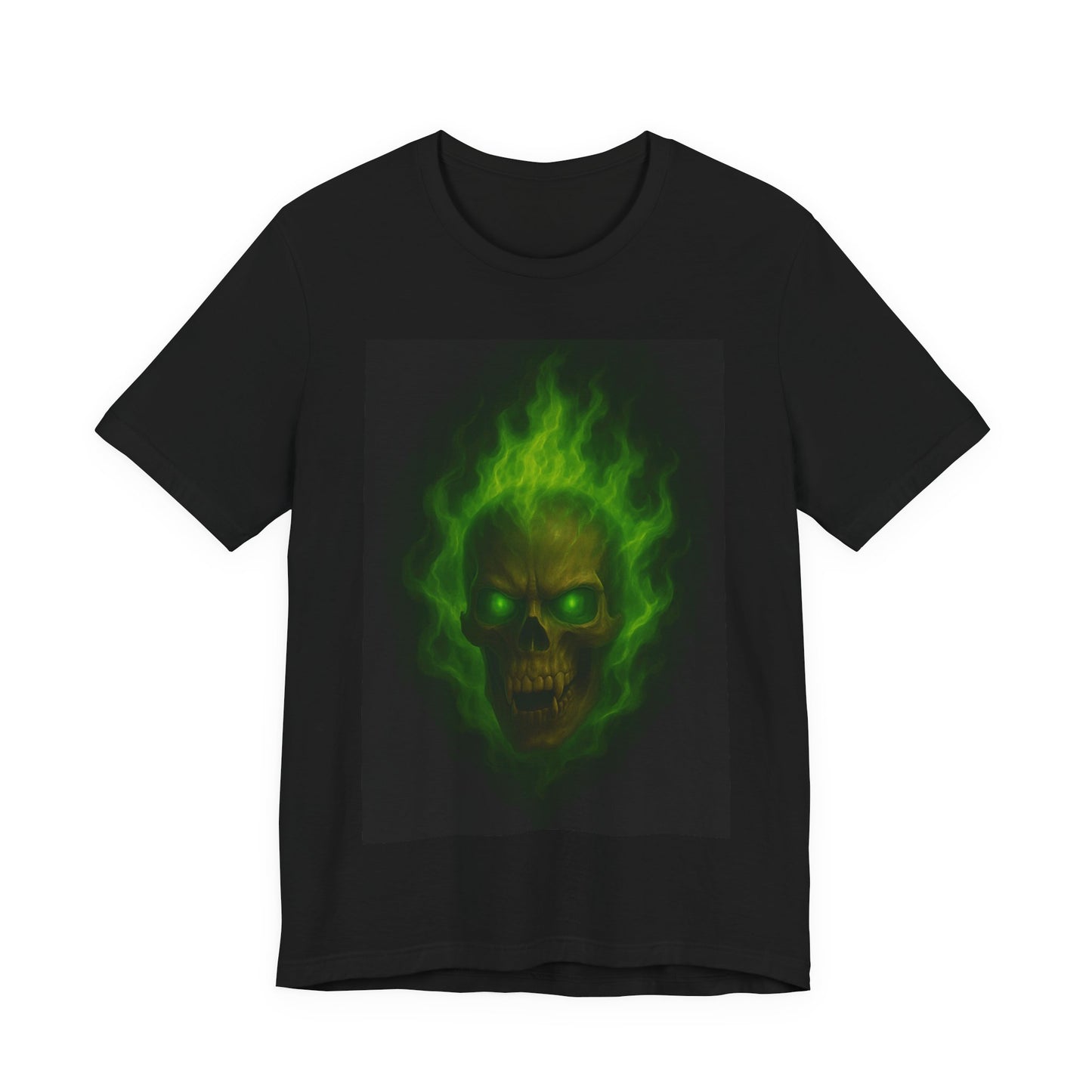 Vampire Skull T-Shirt with Green Flame Art | Gothic Horror Skull Tee | Occult Fire Glow Shirt