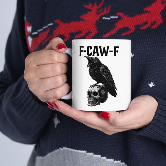 Raven on Skull Coffee Mug Gothic Crow Cup with Dark Humor F Caw F Design
