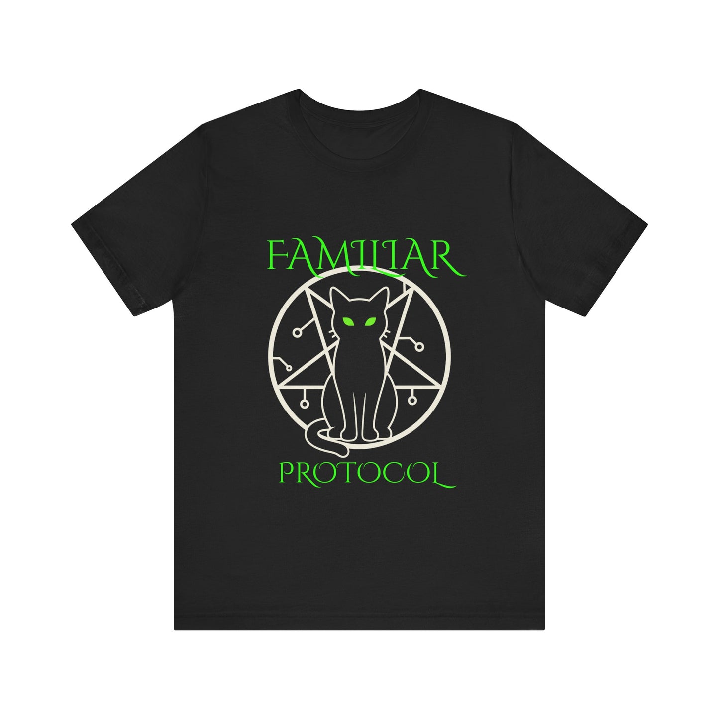 Familiar Protocol Cat Shirt | Glitchy Circuit Summoning Circle Tee | Gothic Occult Neon Green