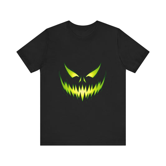 Sinister Neon Green Jack-O-Lantern Face T-Shirt | Halloween Horror Pumpkin Glow Shirt | Spooky Graphic Tee