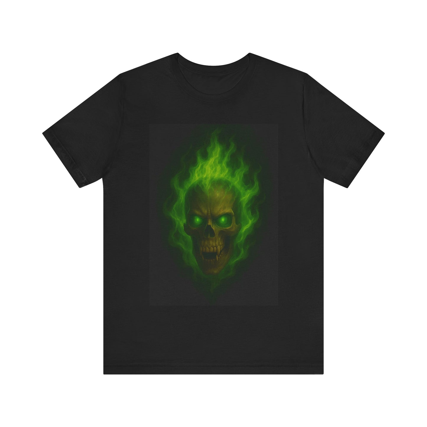 Vampire Skull T-Shirt with Green Flame Art | Gothic Horror Skull Tee | Occult Fire Glow Shirt